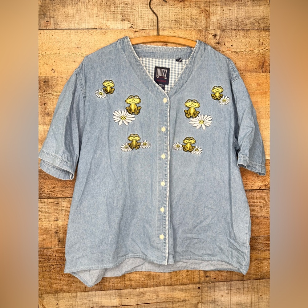 Vintage Frogs Quizz Denim Shirt Embroidered Size 22 Daisies Y2k Cottagecore